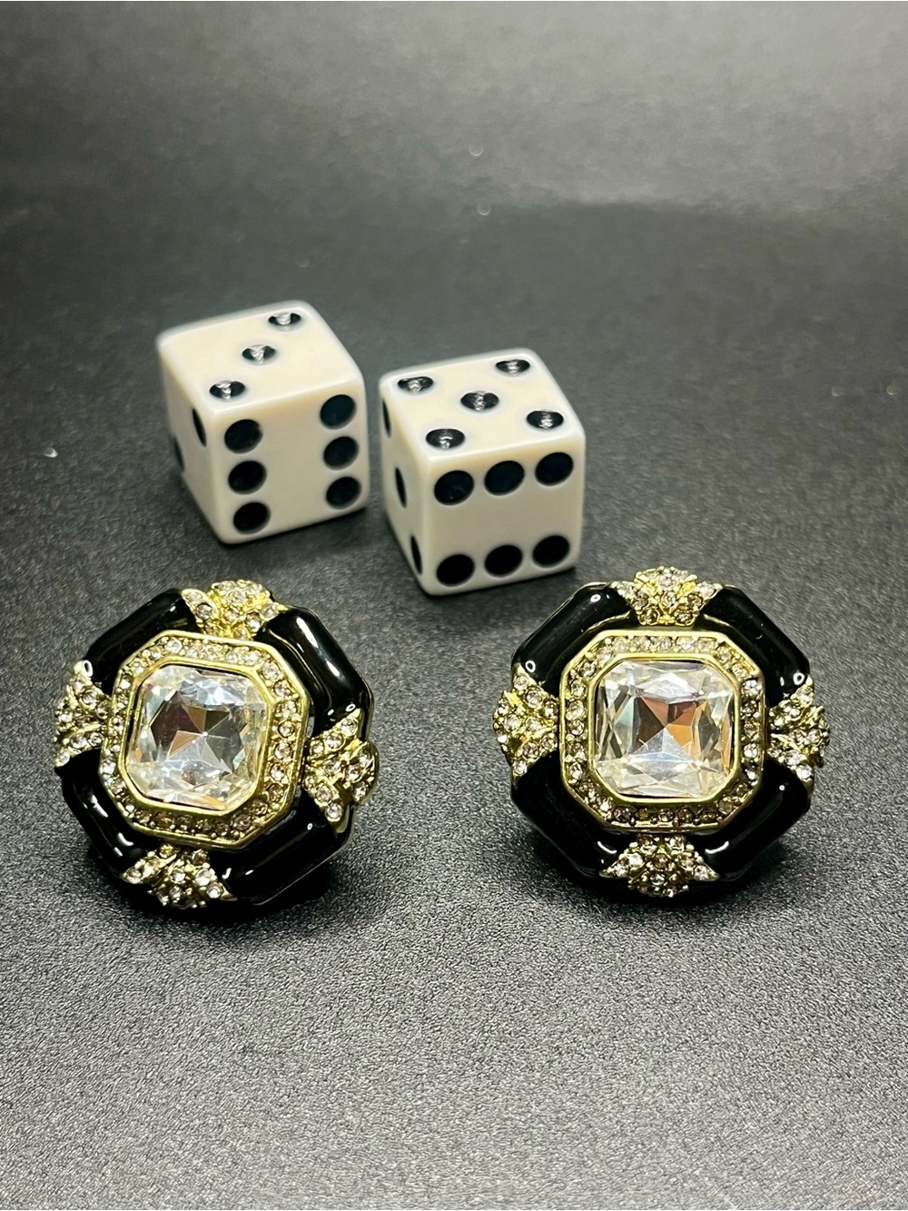 Heidi Daus Black Enamel Crystal Clip Earrings Gold Tone Designer Statement